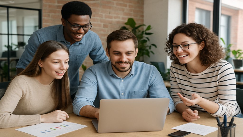 Team arbeitet zusammen an der Entwicklung von Evergreen Content.