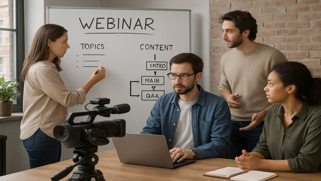 Team bereitet ein Webinar vor mit Whiteboard und technischer Einrichtung.