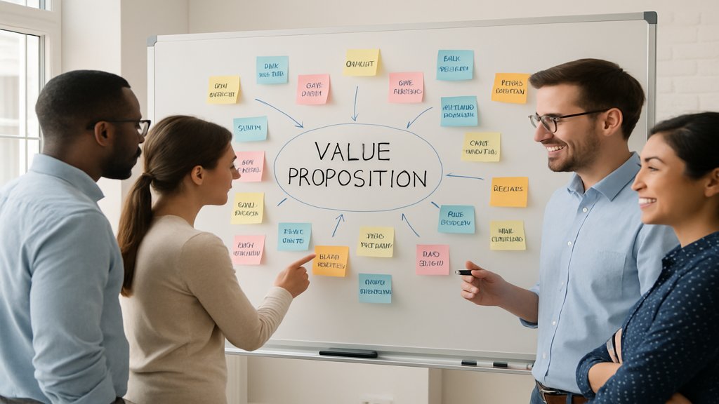 Team brainstormt Value Proposition Ideen an einem Whiteboard.