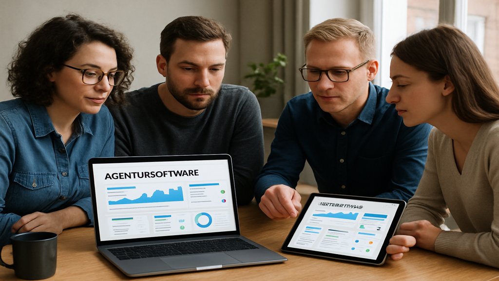Team diskutiert Agentursoftware an einem großen Tisch.