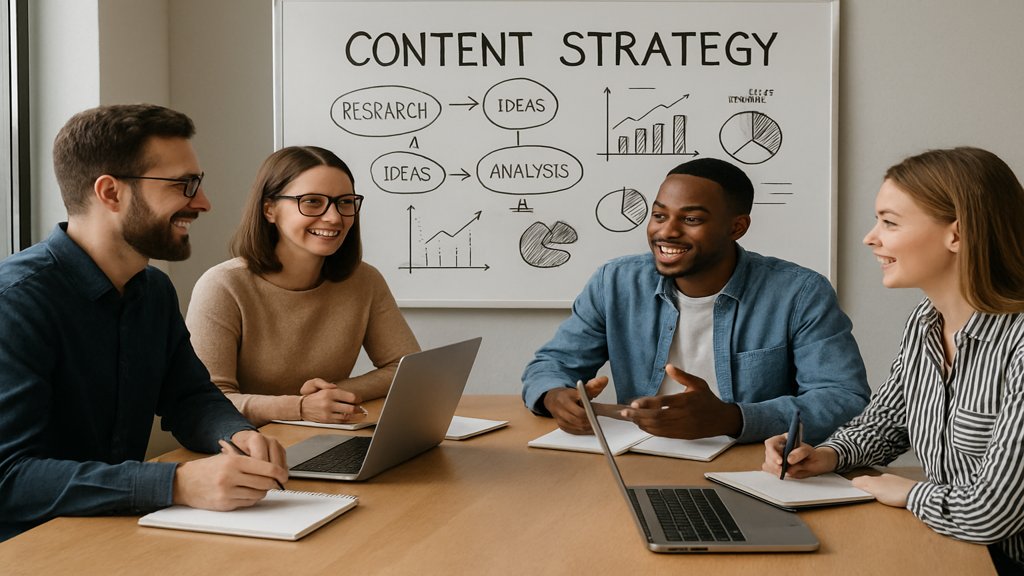 Team diskutiert Content-Strategien in einer kreativen Umgebung.