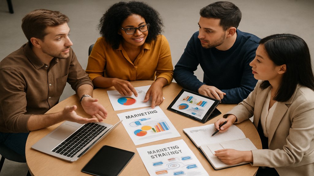 Team diskutiert Marketingstrategie für Dienstleistungen.