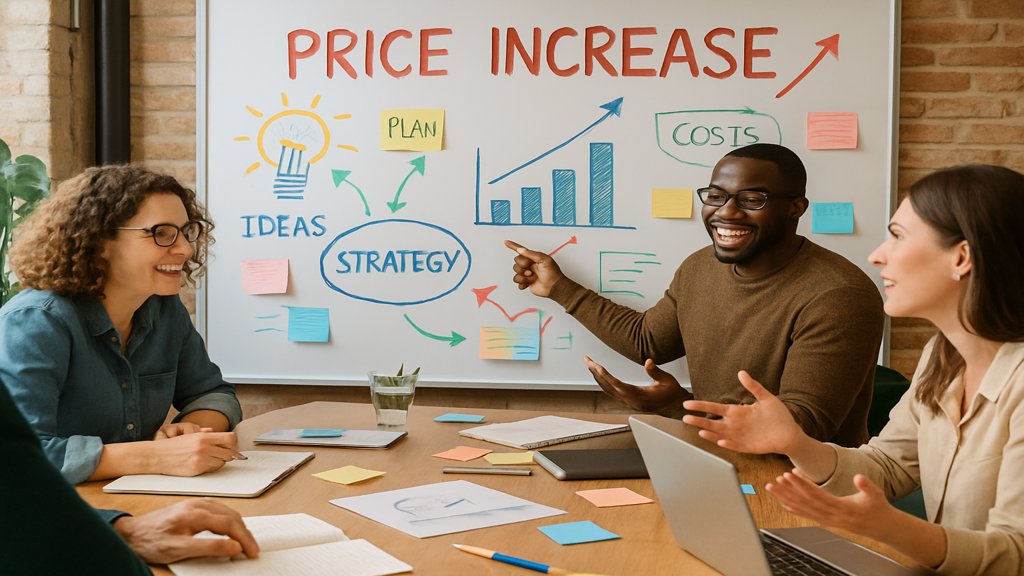 Team diskutiert Strategien für eine Preiserhöhung in einem Meeting.