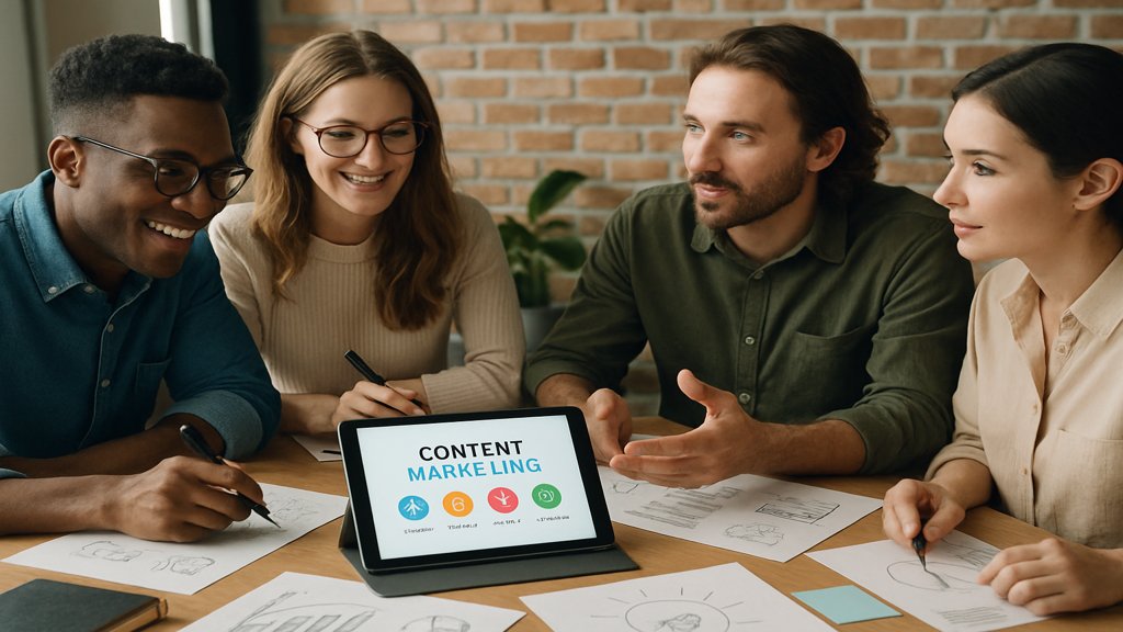 Team in kreativem Meeting zur Ideenfindung für Content-Marketing.
