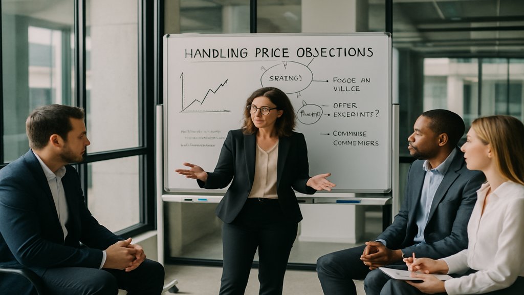 Team von Verkäufern diskutiert Strategien zur Behandlung von Preiseinwänden.