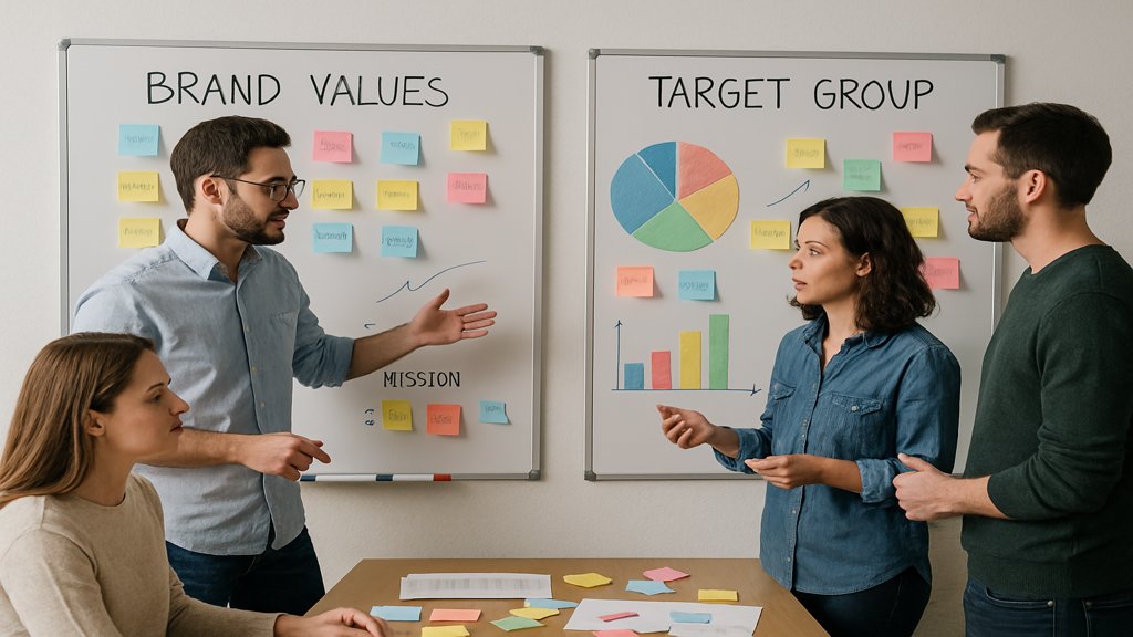 Teamwork in einem Workshop zur Markenentwicklung mit Whiteboards und Post-its.