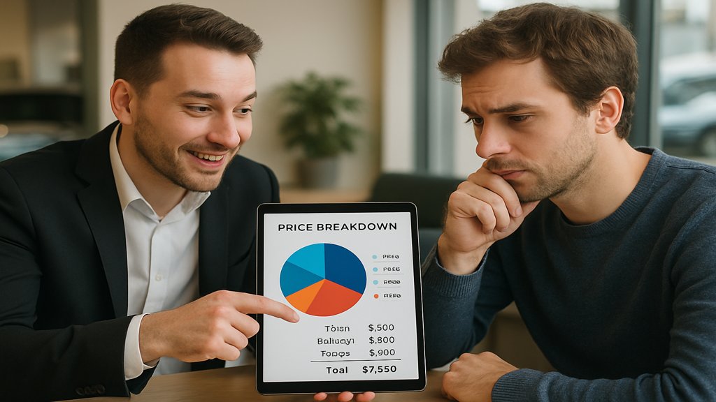 Verkäufer erklärt einem Kunden mit einem Tablet eine Preisaufschlüsselung.