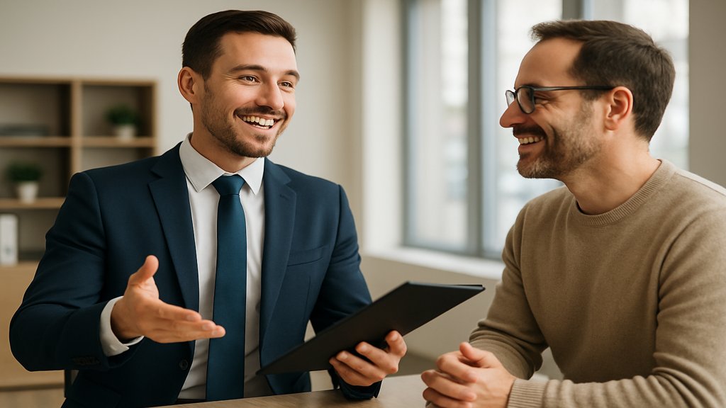 Verkäufer präsentiert einem Kunden eine Lösung mit überzeugender Körpersprache.