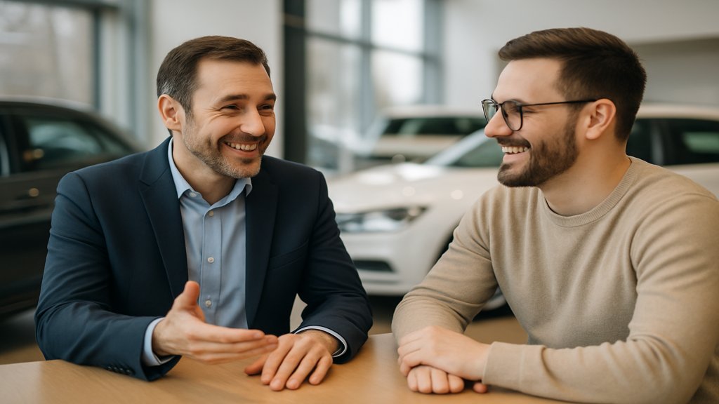 Verkäufer und Kunde in einer angenehmen Gesprächssituation.