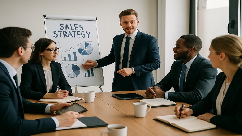 Vertriebsmitarbeiter präsentieren Strategien in einem Teammeeting.
