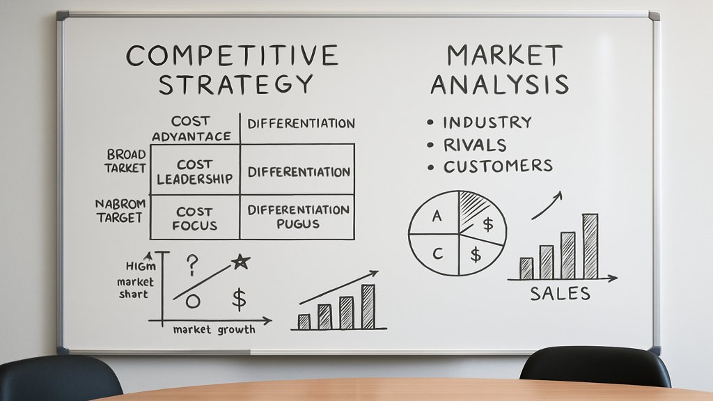 Whiteboard mit Wettbewerbsstrategien und Marktanalysen.