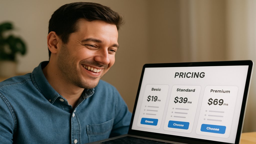 Zufriedener Kunde betrachtet eine Pricing Page und trifft eine Kaufentscheidung.