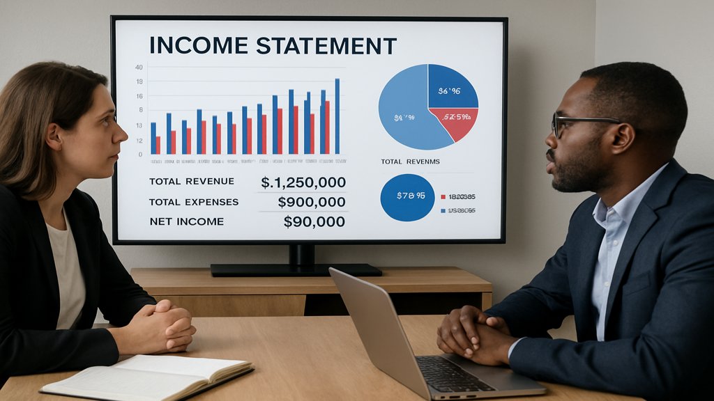 Zwei Personen diskutieren über eine Präsentation zur Gewinn- und Verlustrechnung.