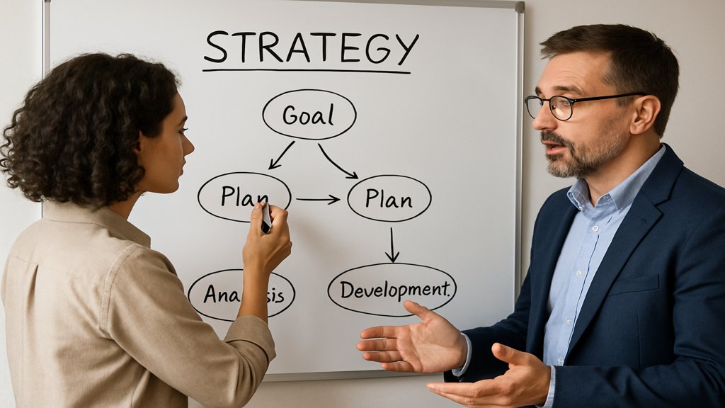 Zwei Personen entwickeln eine Strategie auf einem Whiteboard, symbolisiert Coaching und Zusammenarbeit.