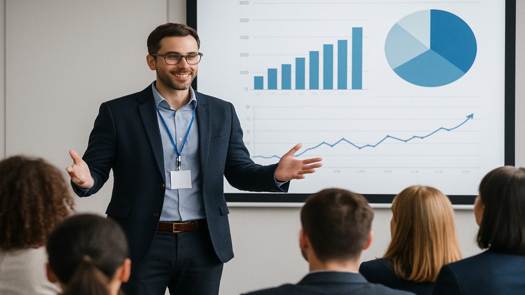 Ein Mann hält eine Präsentation vor einer Gruppe von Menschen.