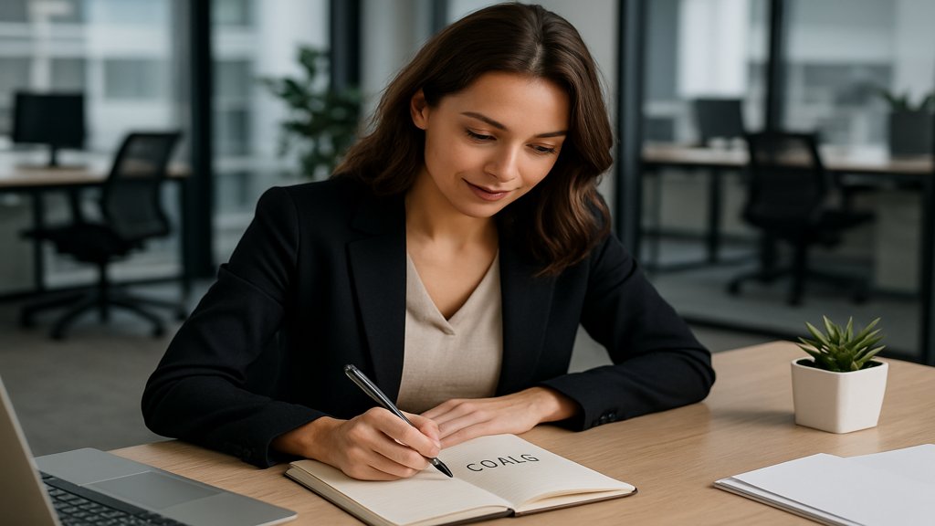 Eine Frau schreibt motivierende Ziele in ihr Notizbuch.