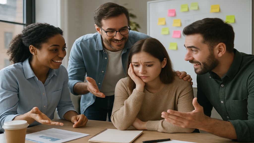 Eine Gruppe von Menschen im Büro, die eine unsichere Person ermutigt.