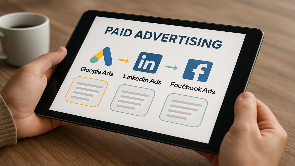 Infografik mit Kanälen für Paid Advertising auf einem Tablet.