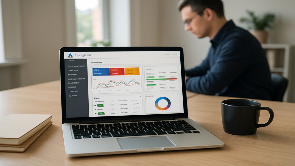 Laptop mit geöffneter Google Ads Plattform, Notizbücher und Kaffeebecher auf dem Tisch.