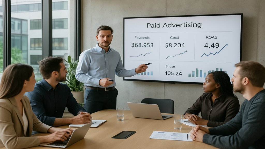 Team in einem modernen Büro mit Analytics-Daten einer Paid Advertising Kampagne auf dem Bildschirm.