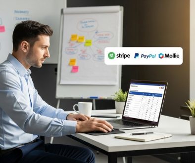 Agenturinhaber vergleicht Online Zahlungsanbieter auf seinem Laptop.