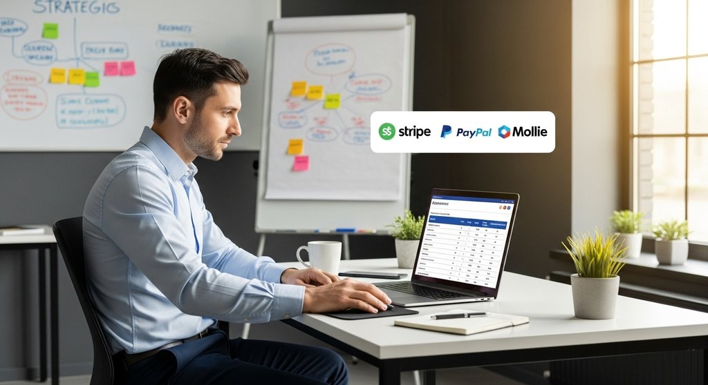 Agenturinhaber vergleicht Online Zahlungsanbieter auf seinem Laptop.