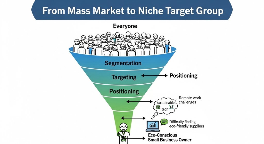Alt-Text: Eine Infografik mit dem Titel 'Vom Massenmarkt zur spitzen Zielgruppe'. Sie zeigt einen breiten Trichter oben mit vielen unspezifischen Personensymbolen und dem Label 'Alle', der sich nach unten verjüngt zu einer einzelnen, detaillierten Persona mit klaren Merkmalen und Schmerzpunkten. → Infografik, die den Prozess der Nischenfindung und Zielgruppenspezialisierung visualisiert.