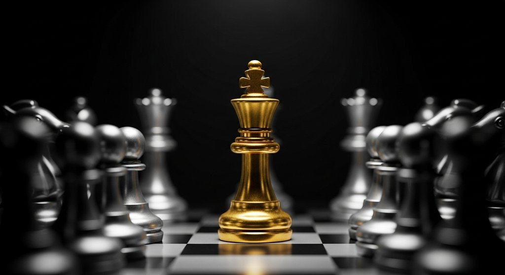 Alt-Text: Eine minimalistische Darstellung, bei der eine einzelne goldene Schachfigur (König) im Spotlight steht, während alle anderen grauen, unscharfen Figuren im Hintergrund bleiben. Der Fokus liegt klar auf der Einzigartigkeit und dem herausragenden Status. Der Stil ist fotorealistisch mit dramatischem Licht. → Eine goldene Schachfigur im Spotlight symbolisiert eine starke Expertenpositionierung.
