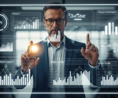Ein Agenturchef analysiert KPIs auf einem digitalen Dashboard für Controlling-Tools.