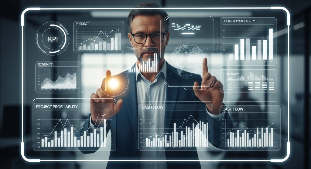 Ein Agenturchef analysiert KPIs auf einem digitalen Dashboard für Controlling-Tools.
