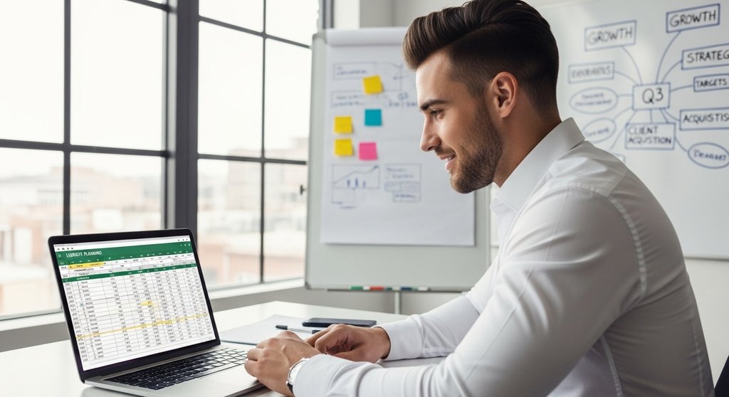 Ein Agenturinhaber nutzt eine Excel-Vorlage zur Liquiditätsplanung und hat seine Finanzen im Griff.