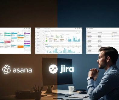 Ein Agenturleiter vergleicht die Projektmanagement-Tools Trello, Asana und Jira auf einem Monitor.