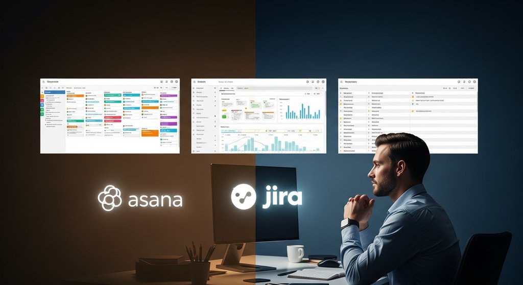 Ein Agenturleiter vergleicht die Projektmanagement-Tools Trello, Asana und Jira auf einem Monitor.
