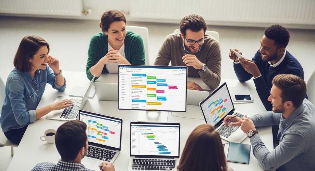 Ein Agenturteam arbeitet gemeinsam an einem Tisch mit Projektmanagement Software auf Laptops.