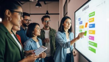 Ein Agenturteam führt erfolgreich Scrum mit einem digitalen Kanban-Board ein.