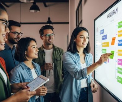 Ein Agenturteam führt erfolgreich Scrum mit einem digitalen Kanban-Board ein.