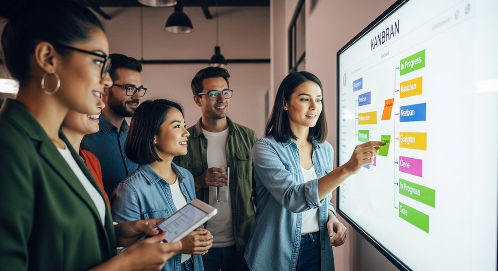 Ein Agenturteam führt erfolgreich Scrum mit einem digitalen Kanban-Board ein.