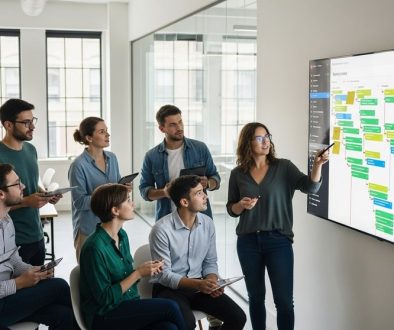 Ein Agenturteam plant effizient Projekte mit einem digitalen Kanban Board Tool.