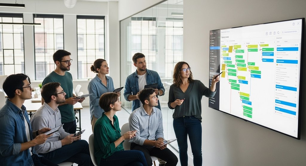 Ein Agenturteam plant effizient Projekte mit einem digitalen Kanban Board Tool.