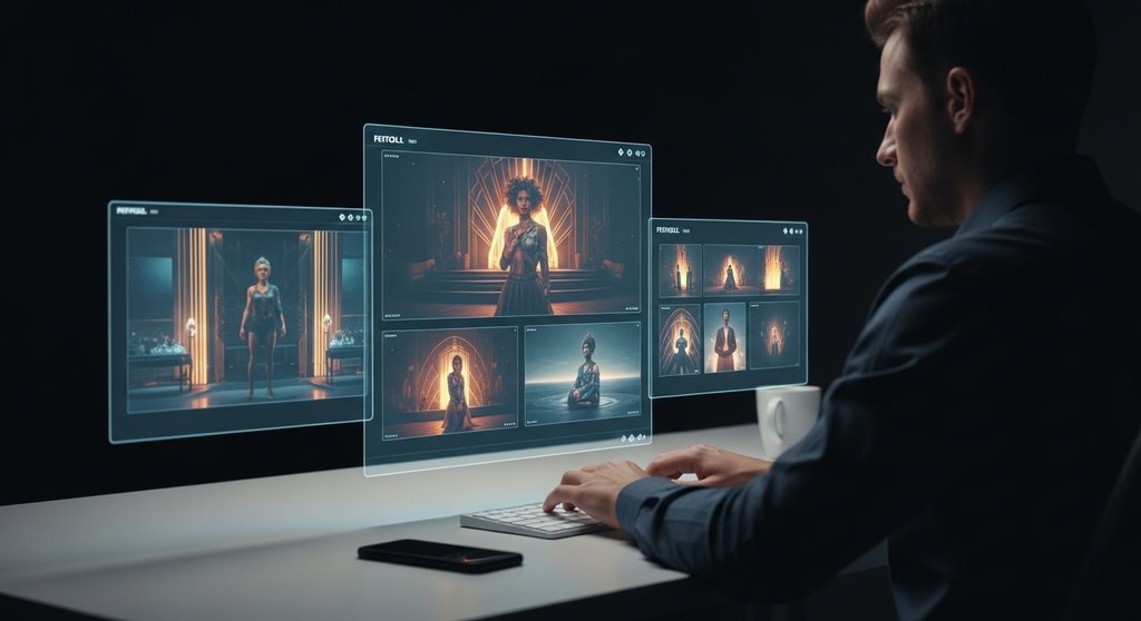 Ein Designer erstellt mit Midjourney Prompts eine konsistente visuelle Markenidentität.