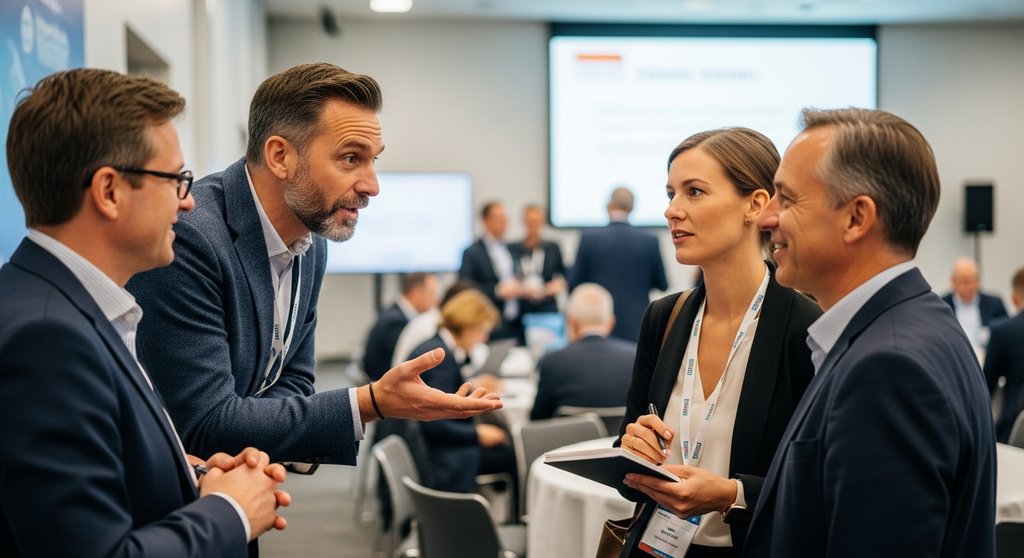 Ein Experte im Gespräch mit Konferenzteilnehmern nach seinem Vortrag.