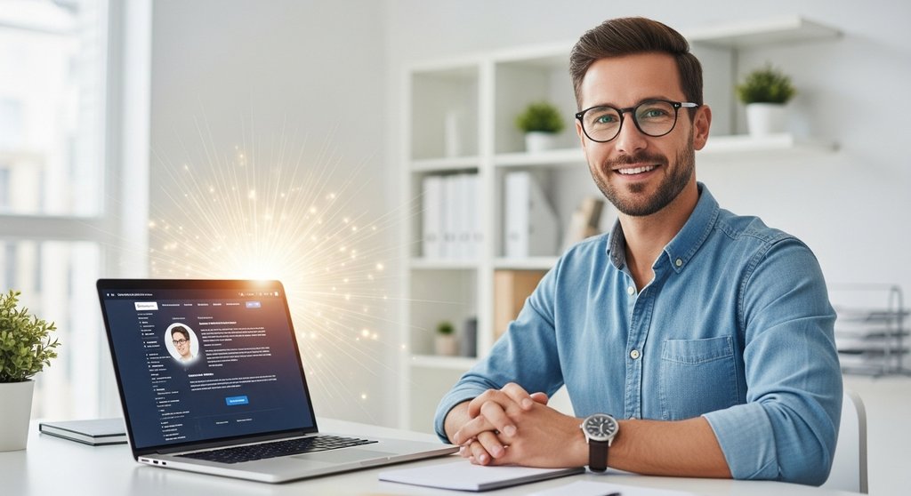 Ein Experte zeigt sein optimiertes LinkedIn-Profil, das als Kundenmagnet dient.