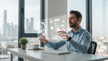 Ein Freelancer gestaltet selbstbewusst die Zukunft der Arbeit an seinem modernen Arbeitsplatz.