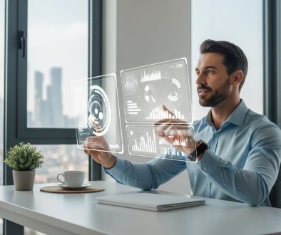 Ein Freelancer gestaltet selbstbewusst die Zukunft der Arbeit an seinem modernen Arbeitsplatz.