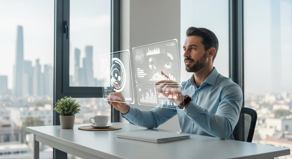 Ein Freelancer gestaltet selbstbewusst die Zukunft der Arbeit an seinem modernen Arbeitsplatz.