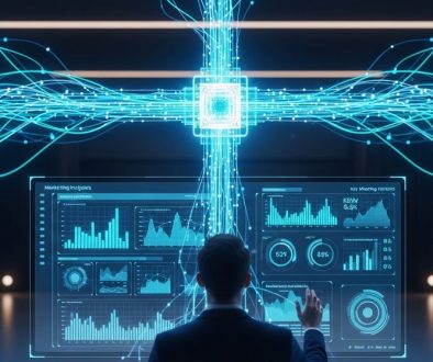 Ein Marketer nutzt KI für eine datengestützte Wettbewerbsanalyse auf einem futuristischen Interface.