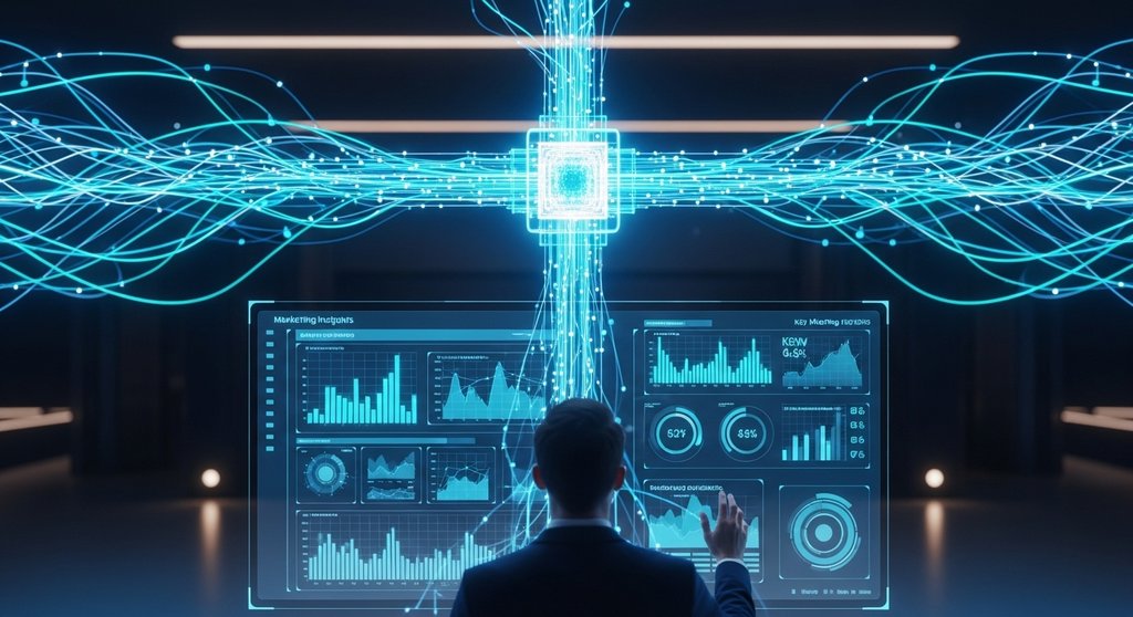 Ein Marketer nutzt KI für eine datengestützte Wettbewerbsanalyse auf einem futuristischen Interface.