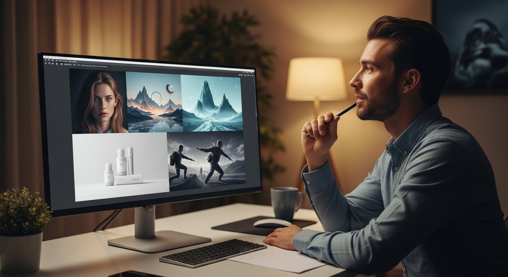 Ein Marketing-Profi vergleicht Ergebnisse verschiedener KI-Bildgeneratoren für Agenturprojekte.