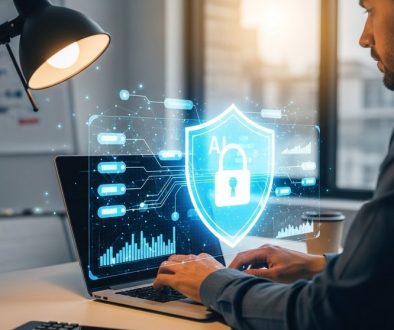 Ein Marketingexperte nutzt KI-Tools am Laptop, symbolisch geschützt durch ein Datenschutz-Icon.