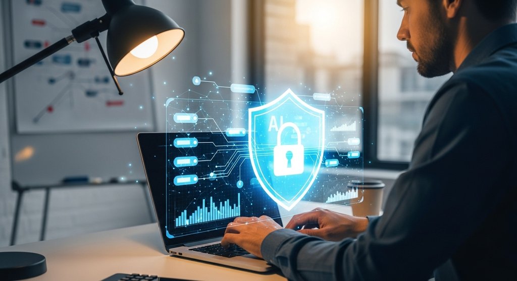 Ein Marketingexperte nutzt KI-Tools am Laptop, symbolisch geschützt durch ein Datenschutz-Icon.